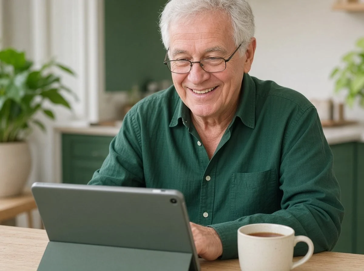 Older man smiling at a tablet during a video session at his kitchen table
