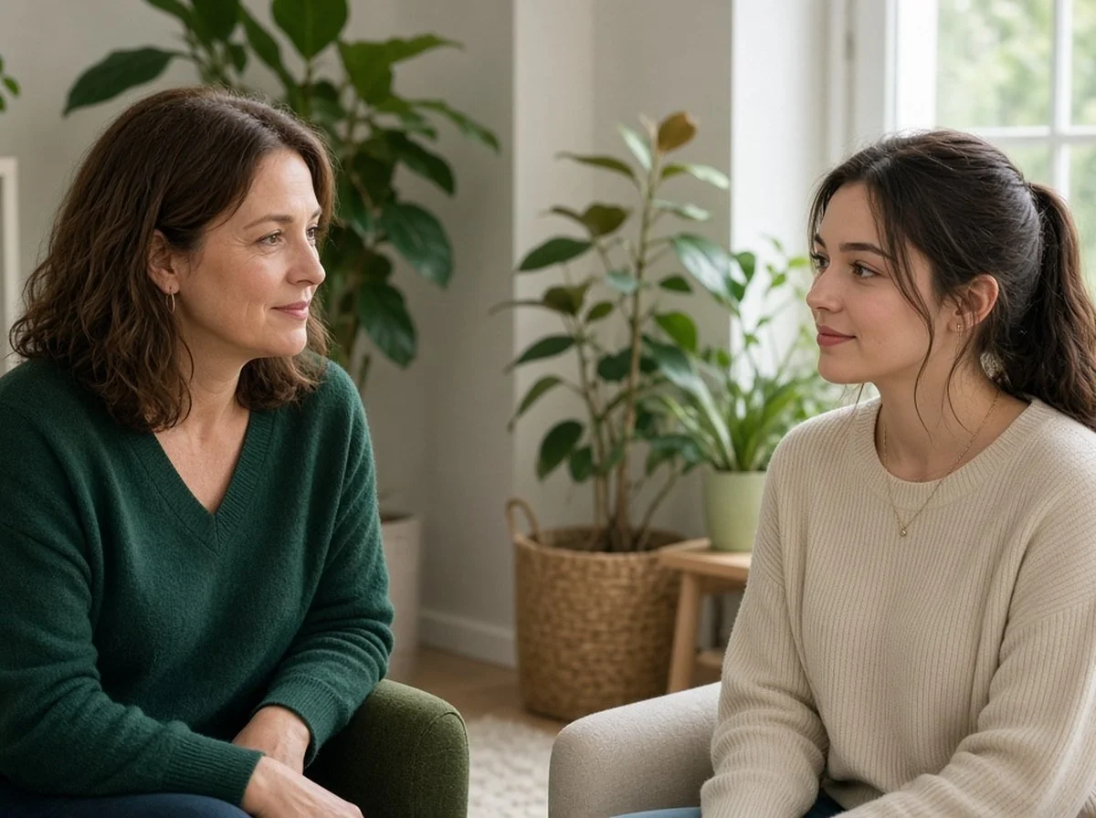 A counsellor and a young woman talking face to face in a bright counselling room
