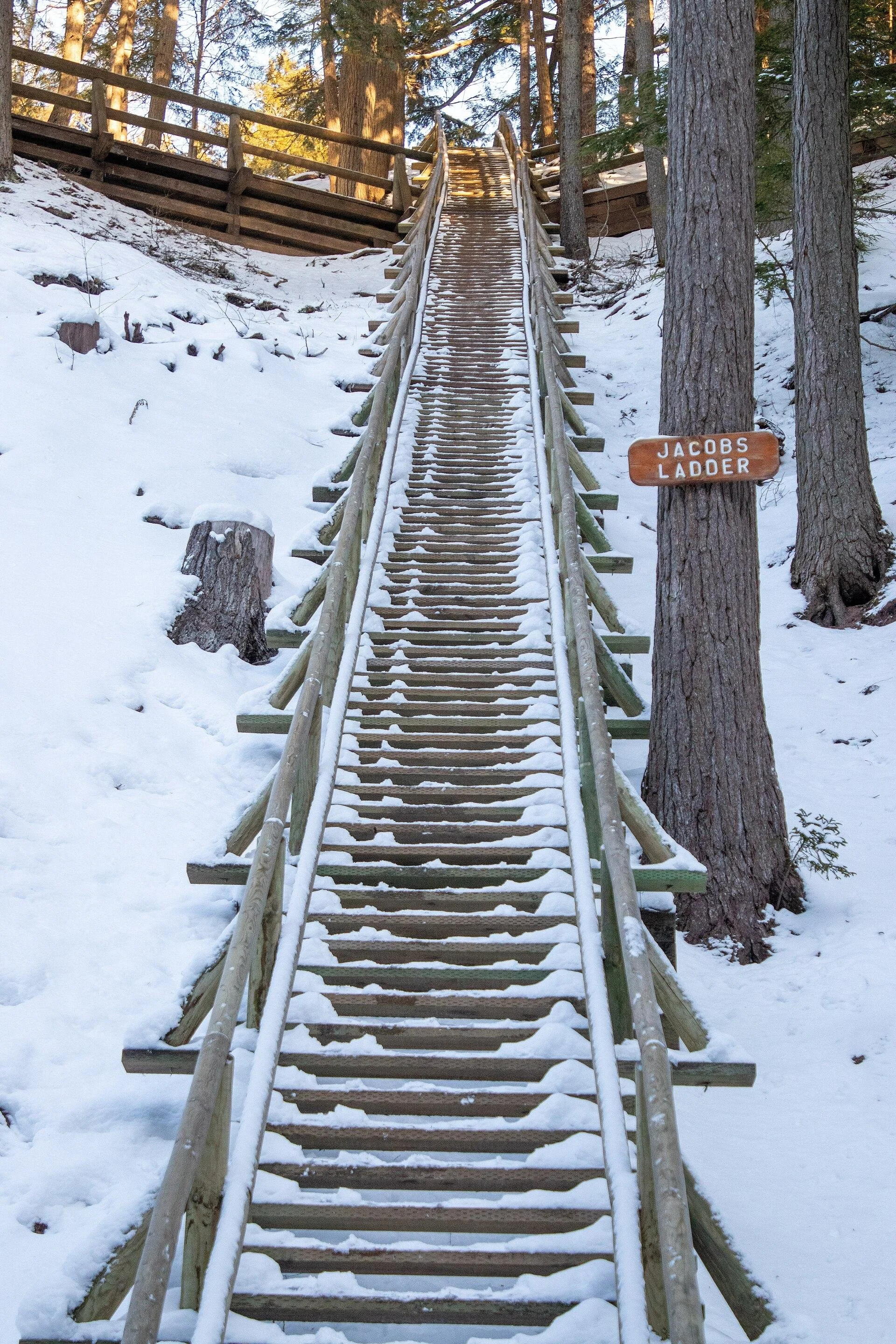The long wooden staircase of Jacob's Ladder climbing a snowy slope in Victoria Park, Truro.