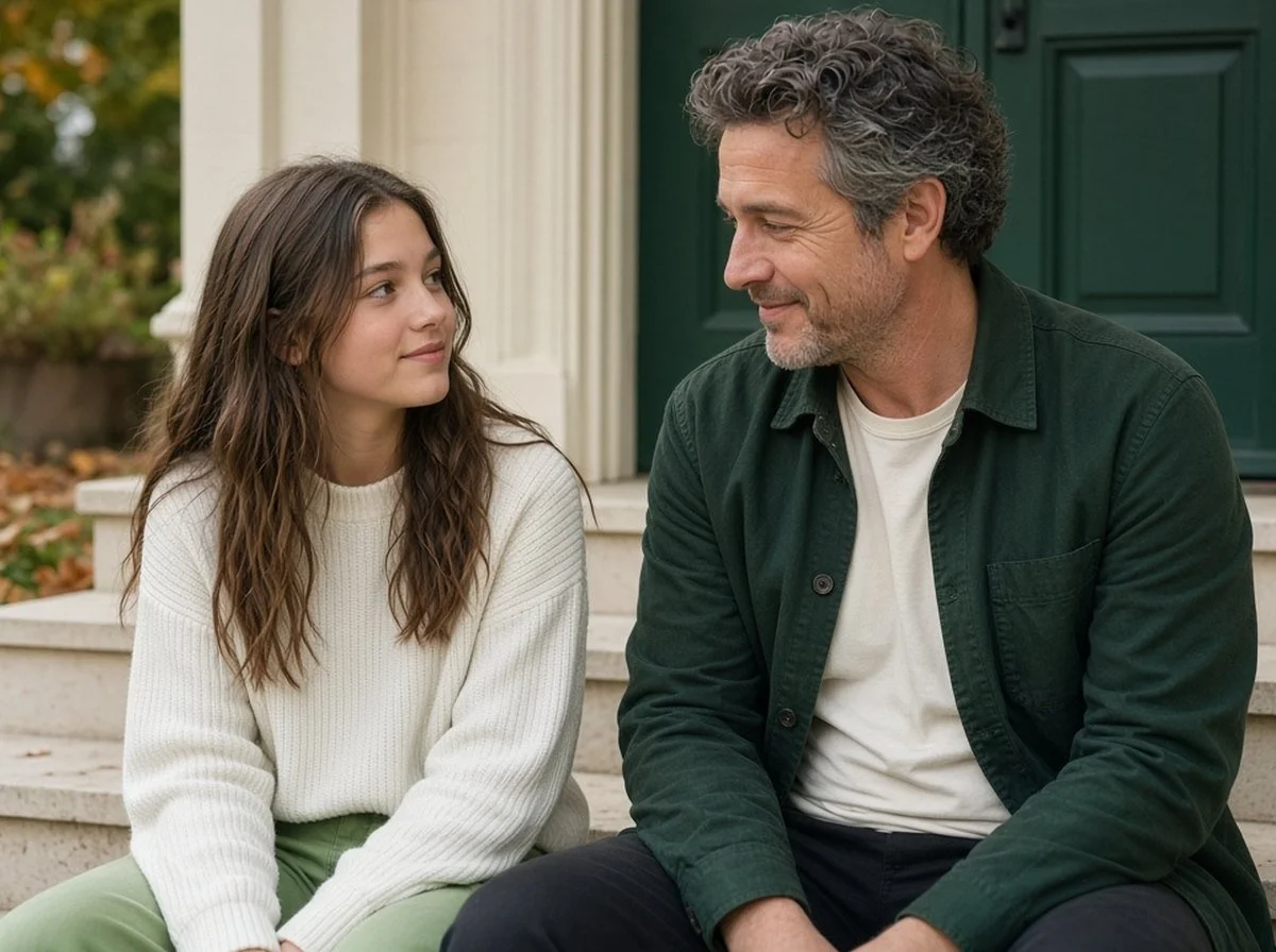 A father and his teenage daughter talking together on the front steps