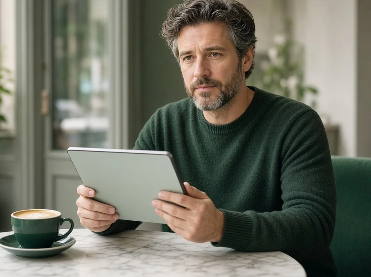 An adult reading news on a tablet at a cafe table