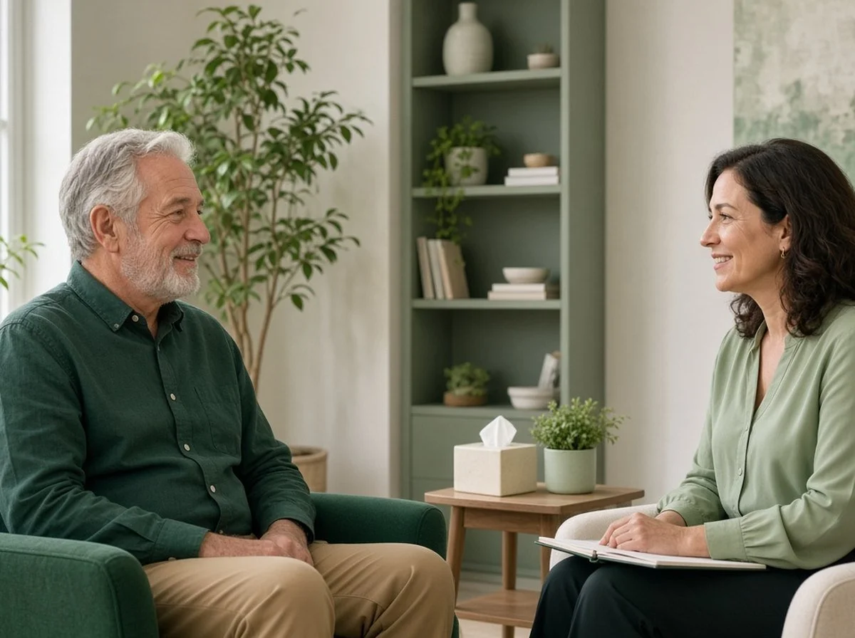An older man talking with a therapist about retirement