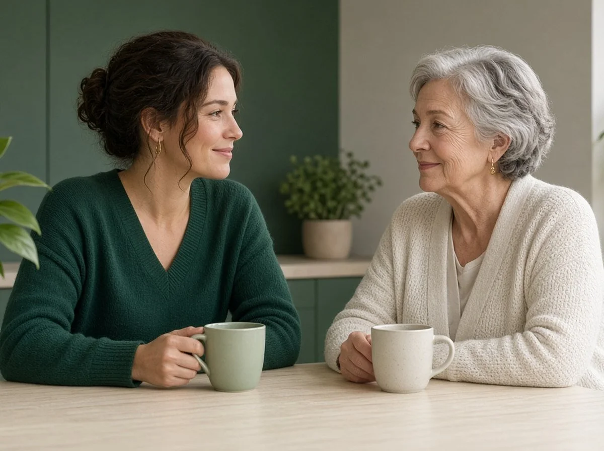 An adult daughter talking calmly with her older mother at a kitchen table