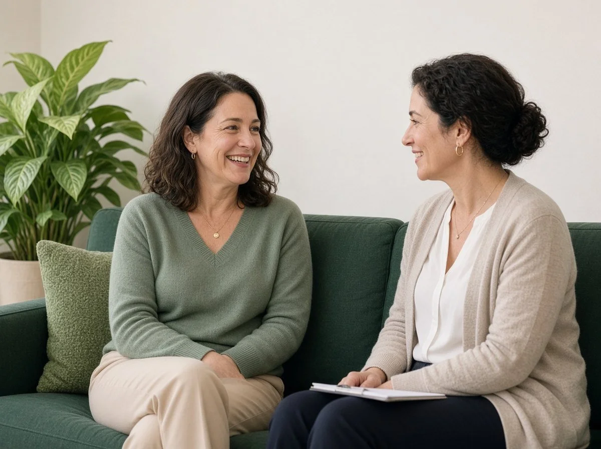 Woman sharing a light moment with a therapist in a bright office