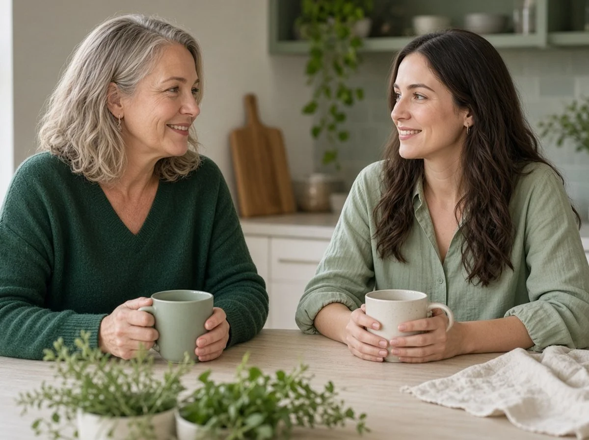 Mother and adult daughter talking gently at a kitchen table