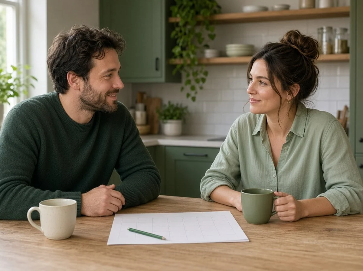 Two adults talking calmly at a kitchen table with a shared calendar