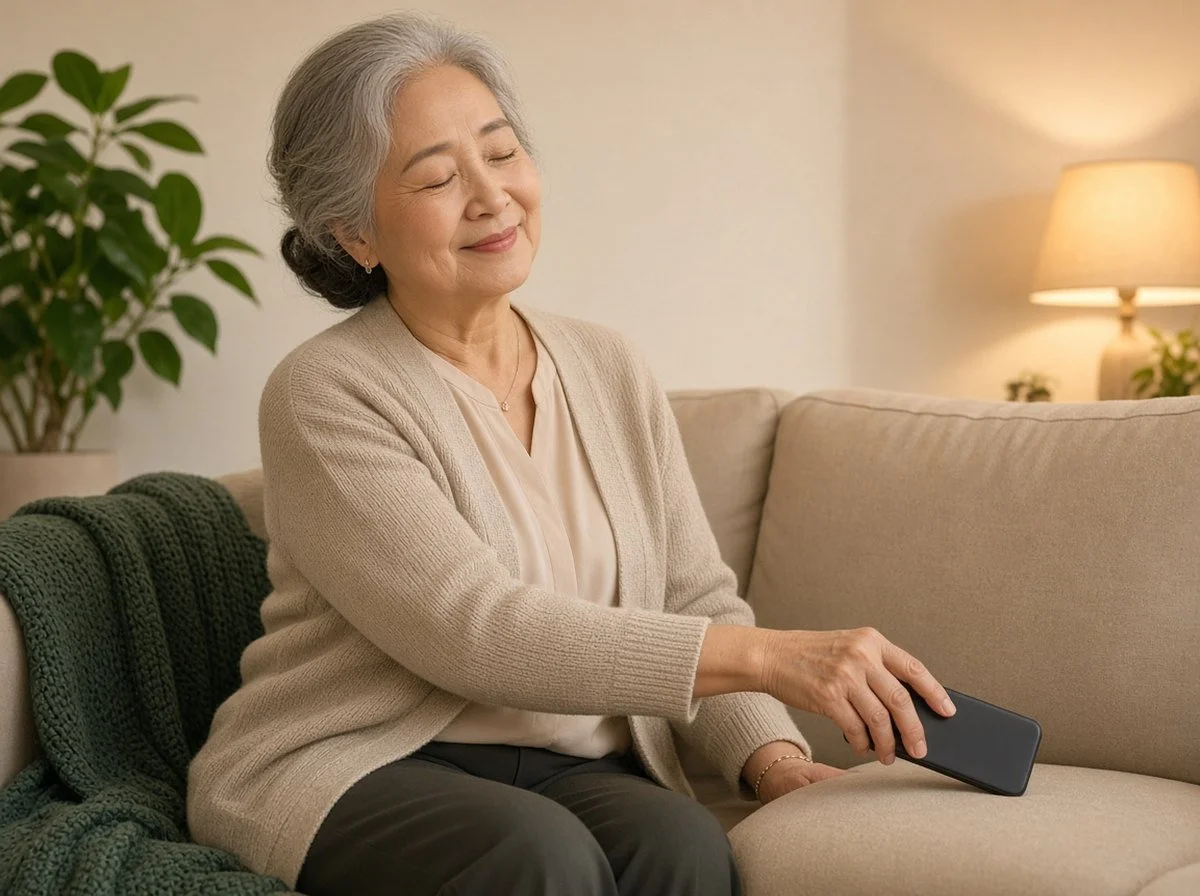 Adult putting a phone face down on the sofa in the evening