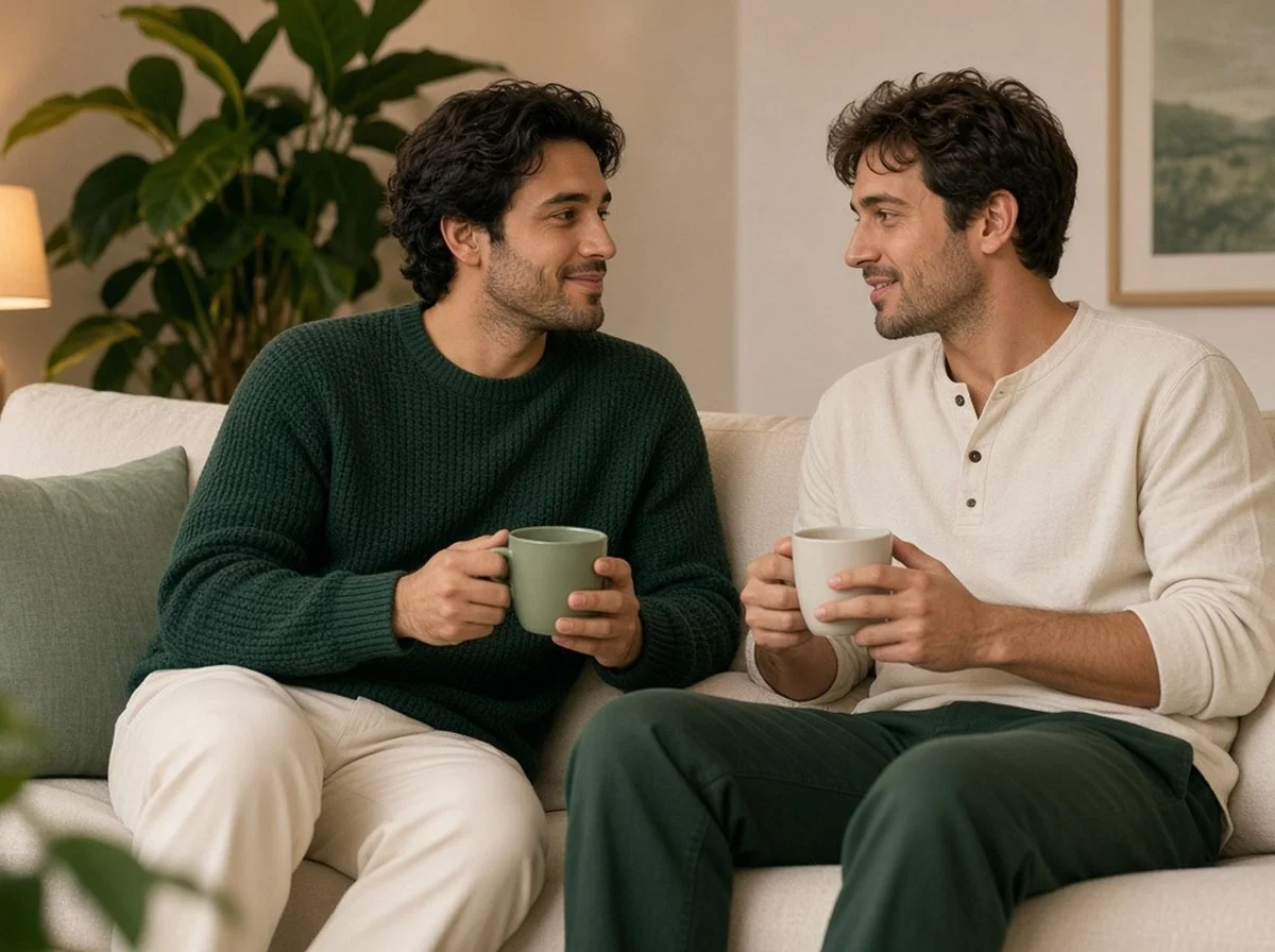 Two male friends with mugs talking supportively on a couch