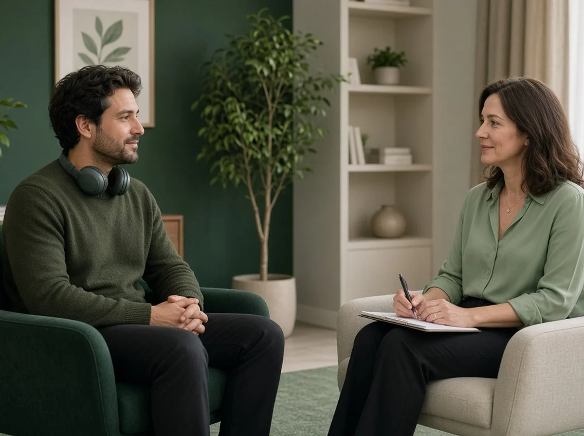 An adult with headphones around their neck talking with a therapist
