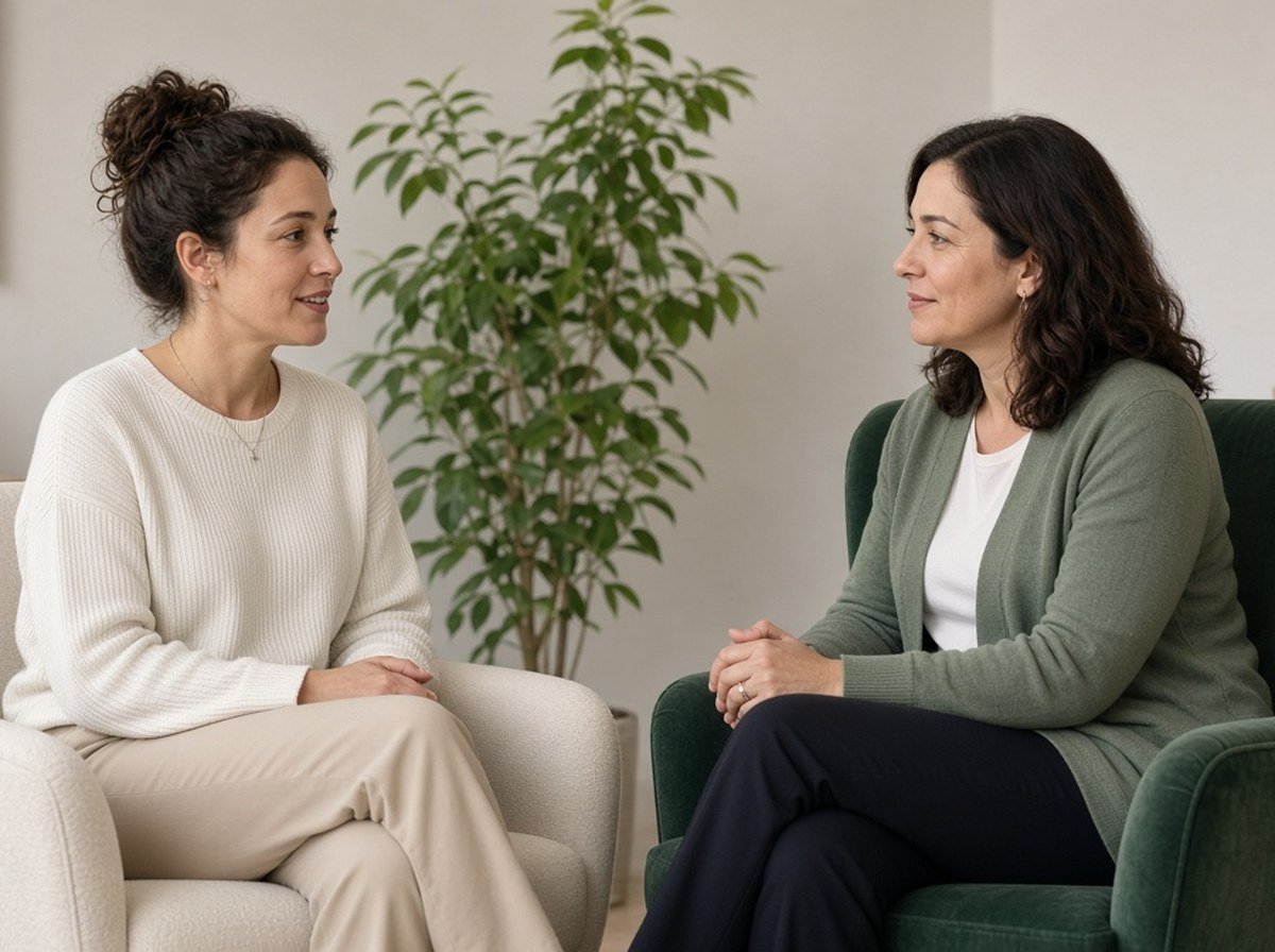A woman and a counsellor facing each other talking in a calm room