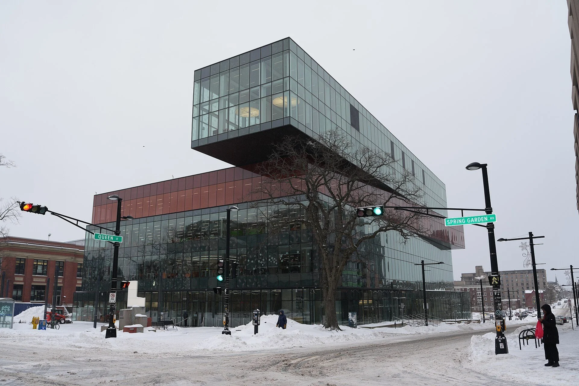 The glass Halifax Central Library on Spring Garden Road in the snow.
