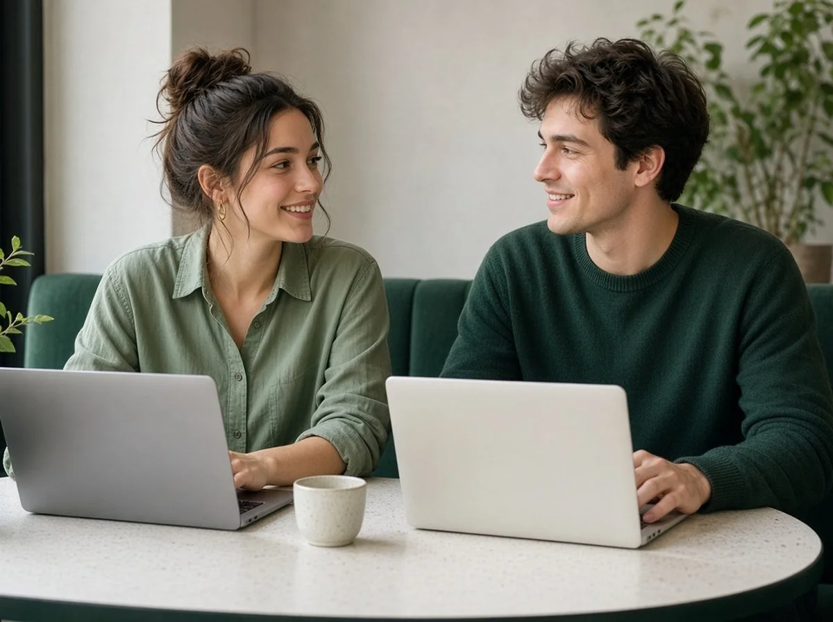 Two friends working side by side at a cafe and encouraging each other