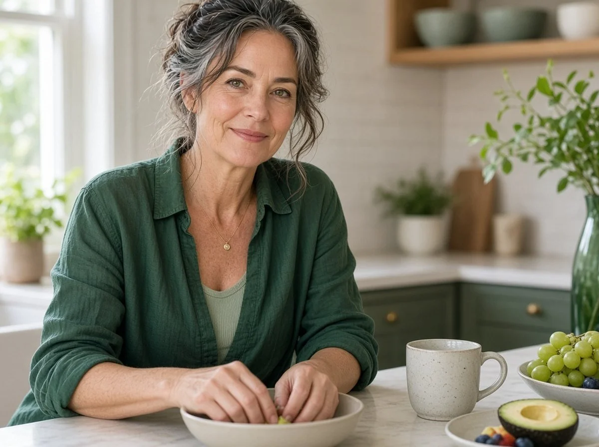 A woman preparing breakfast in a bright kitchen in the morning