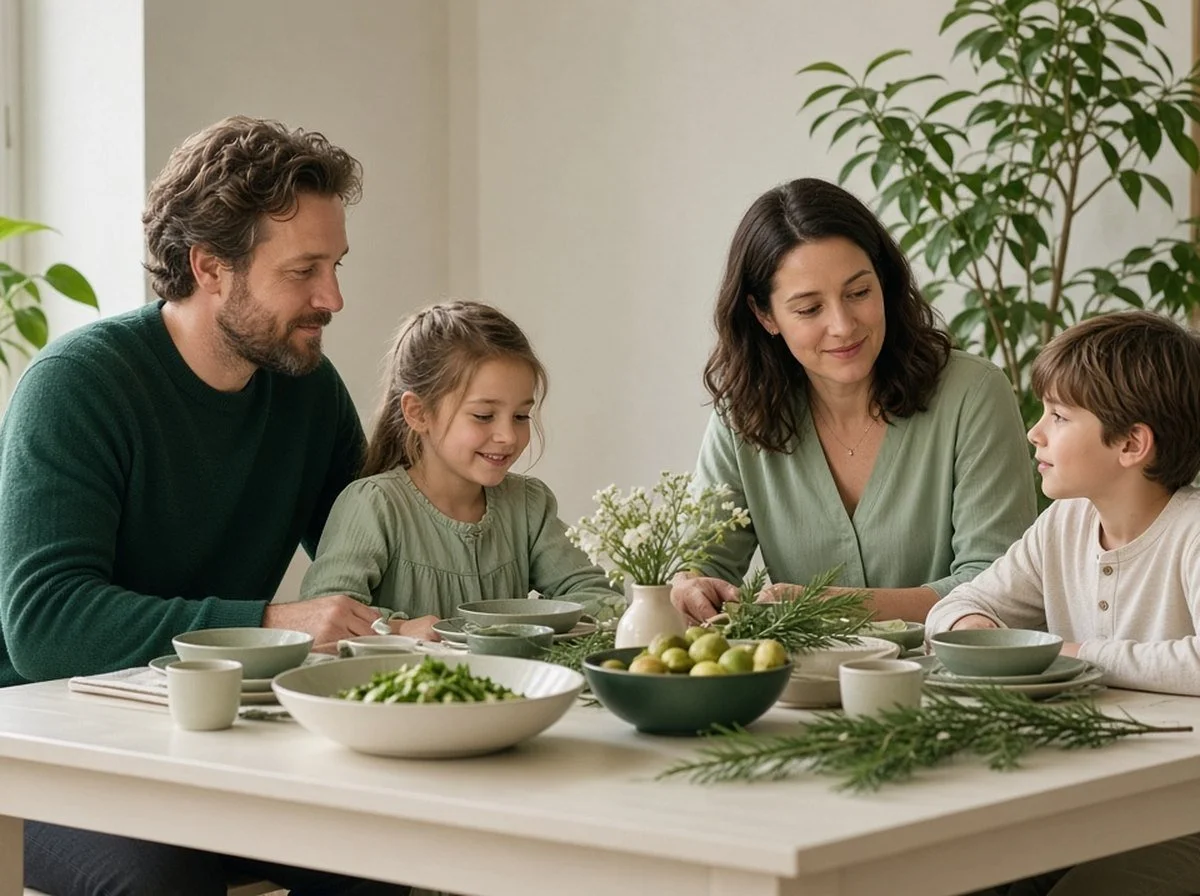 Family members sharing a quiet moment at a holiday table