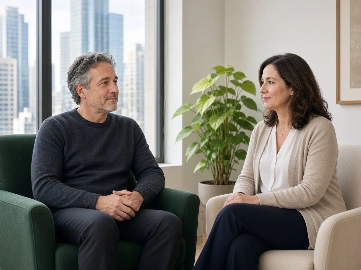 Man talking with a therapist in a downtown counselling office