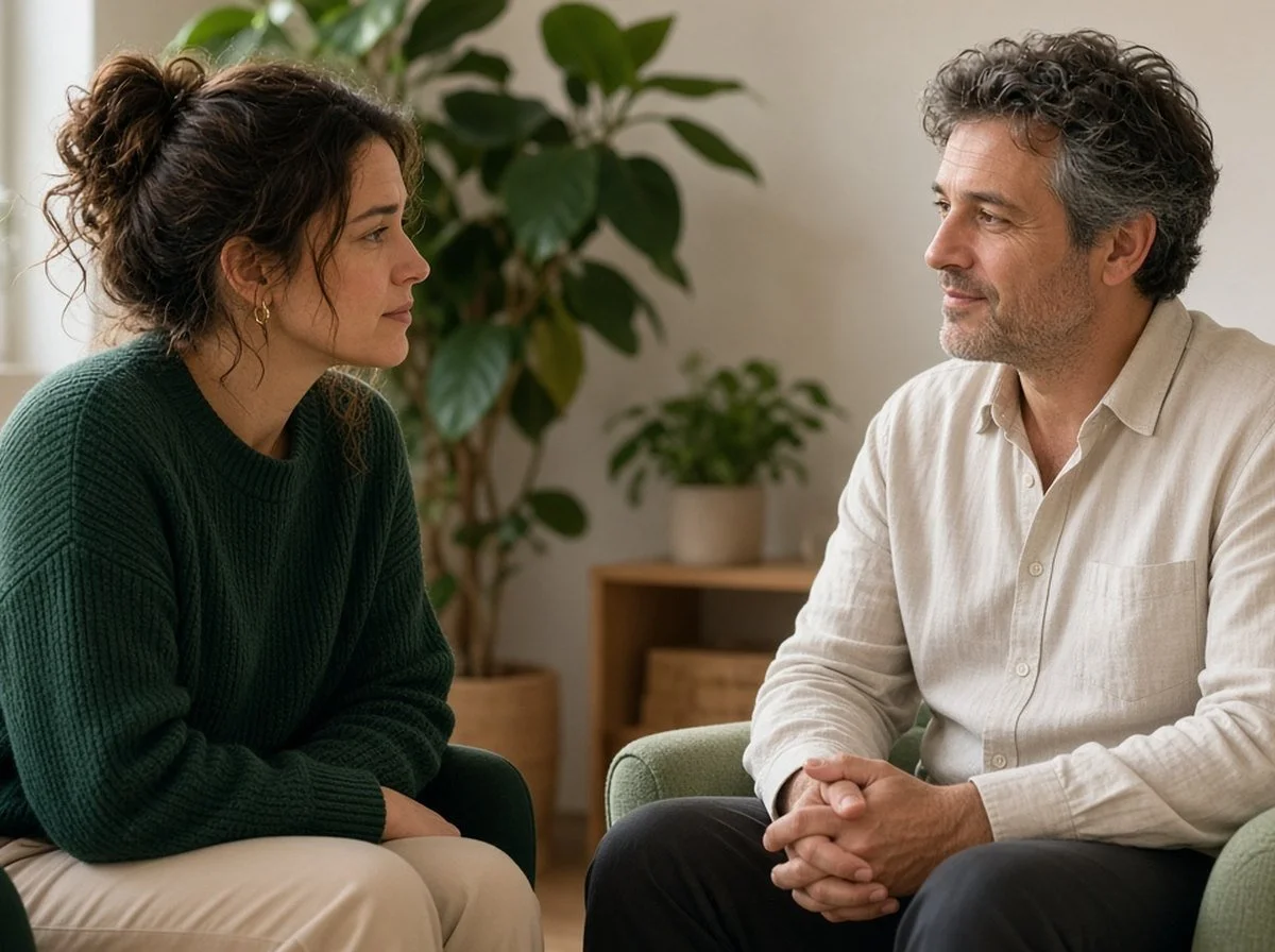 Woman talking with a therapist in a warm, softly lit room