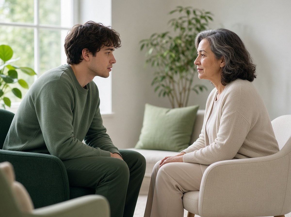 Young man talking with a therapist in a bright counselling office