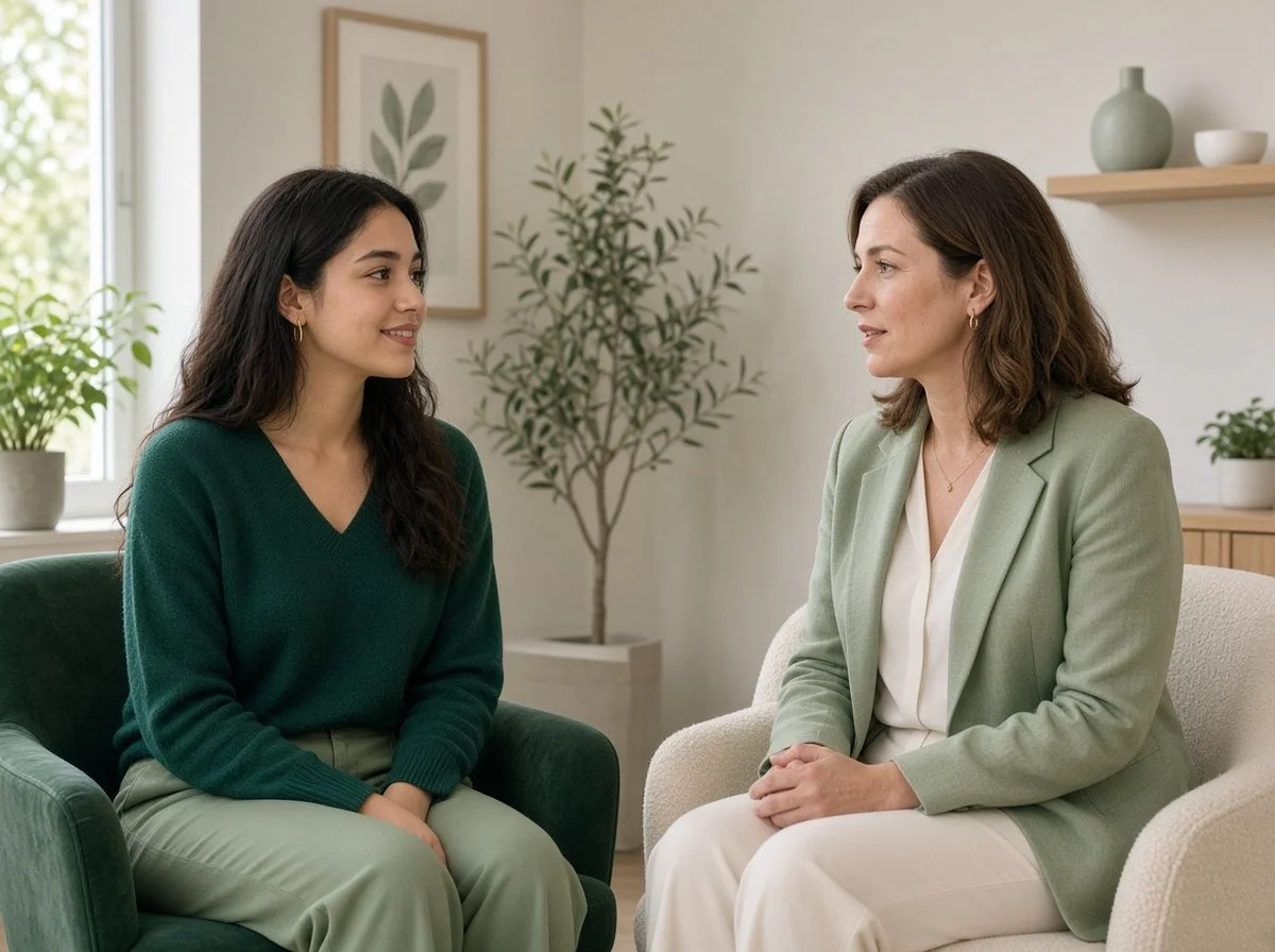 Young woman sitting confidently while talking with a therapist.
