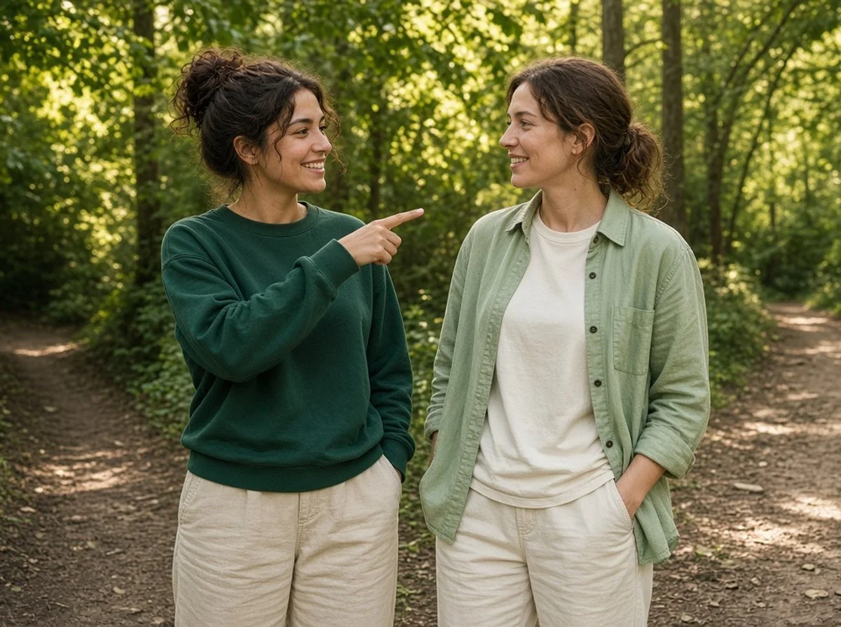 Two friends smiling at a fork in a forest trail, one pointing to a path