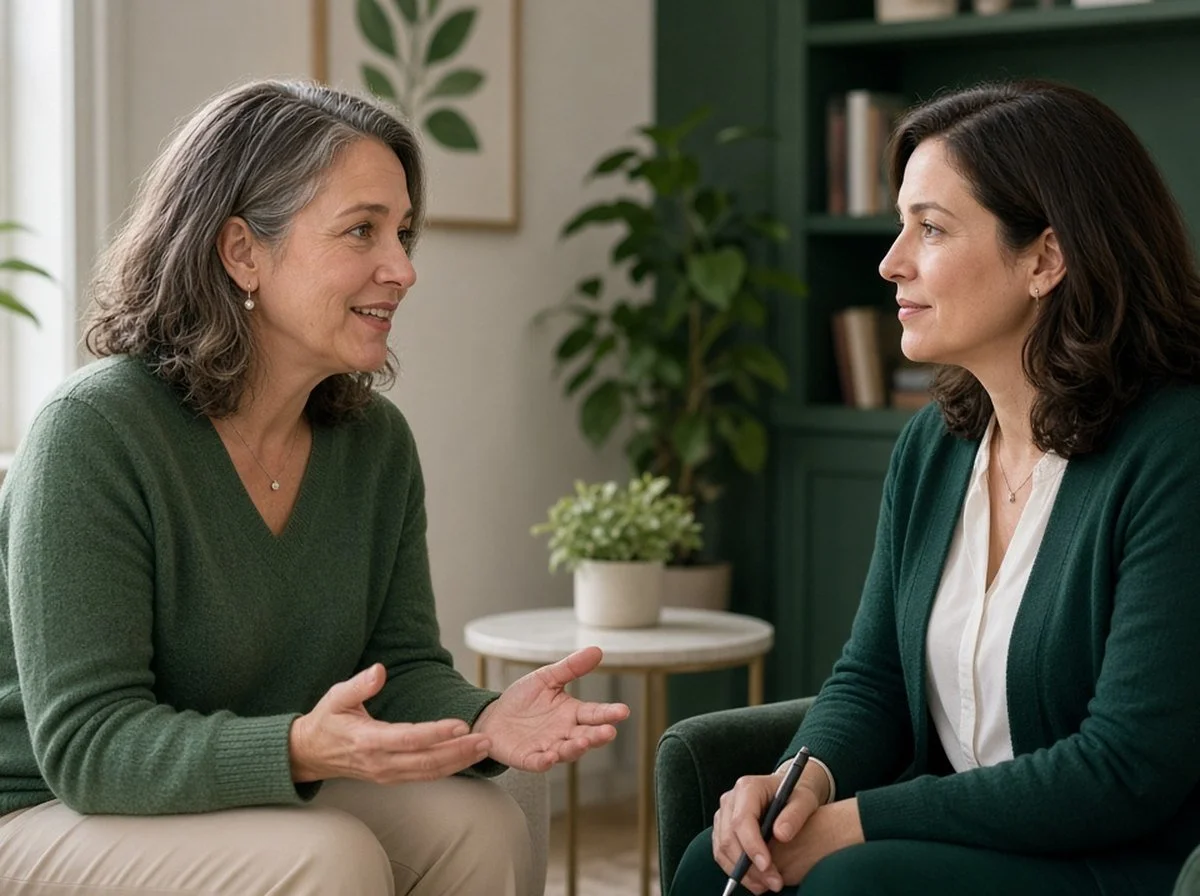 A woman talking with a therapist about her children leaving home