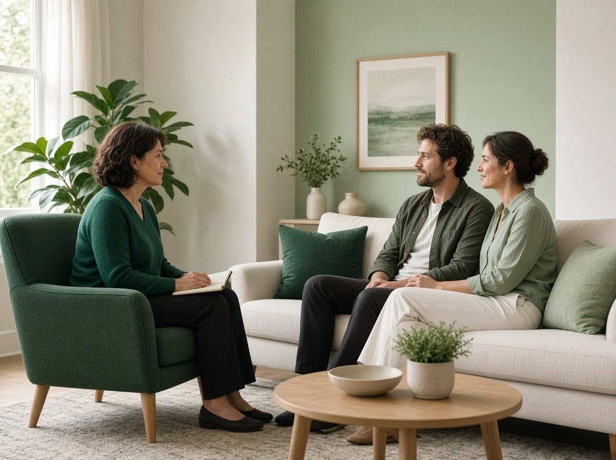 Couple sitting together in a counselling session, looking at each other hopefully.