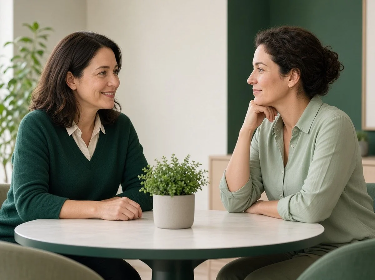 A nurse practitioner and an adult client talking face to face in a bright consultation room