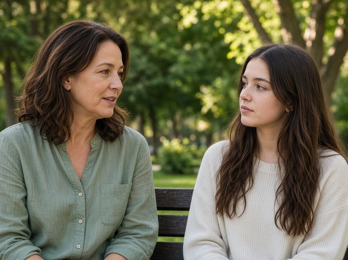 A mother and her teenage daughter sitting side by side on a park bench talking