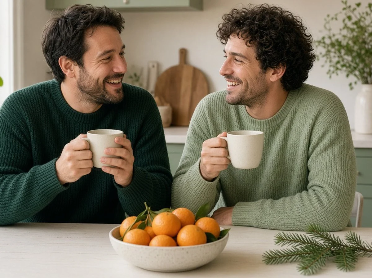 Two friends having tea and talking at a kitchen table in December