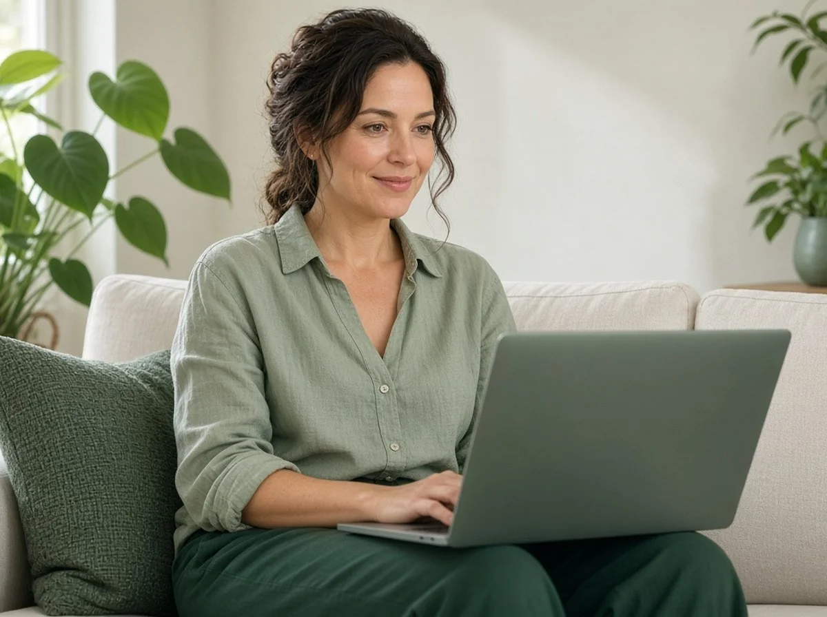 An adult in a suburban living room during an online therapy session