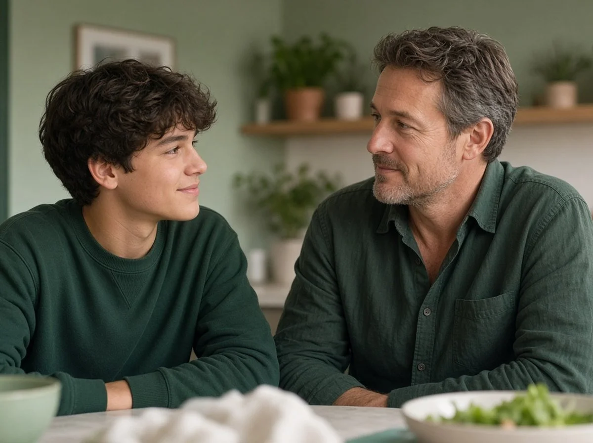 A father and teenage son talking at the kitchen table