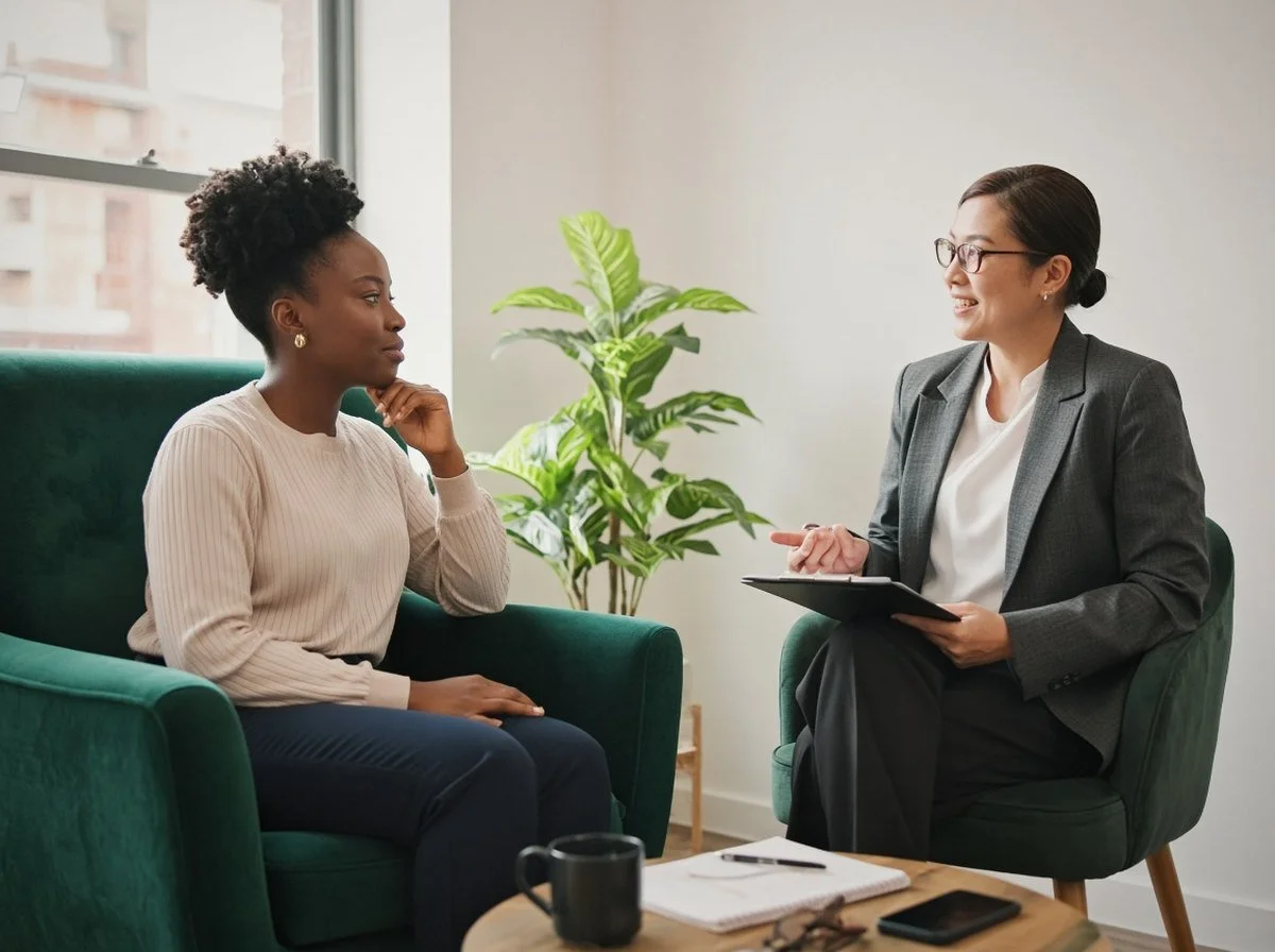 Young woman talking with a therapist in a bright office