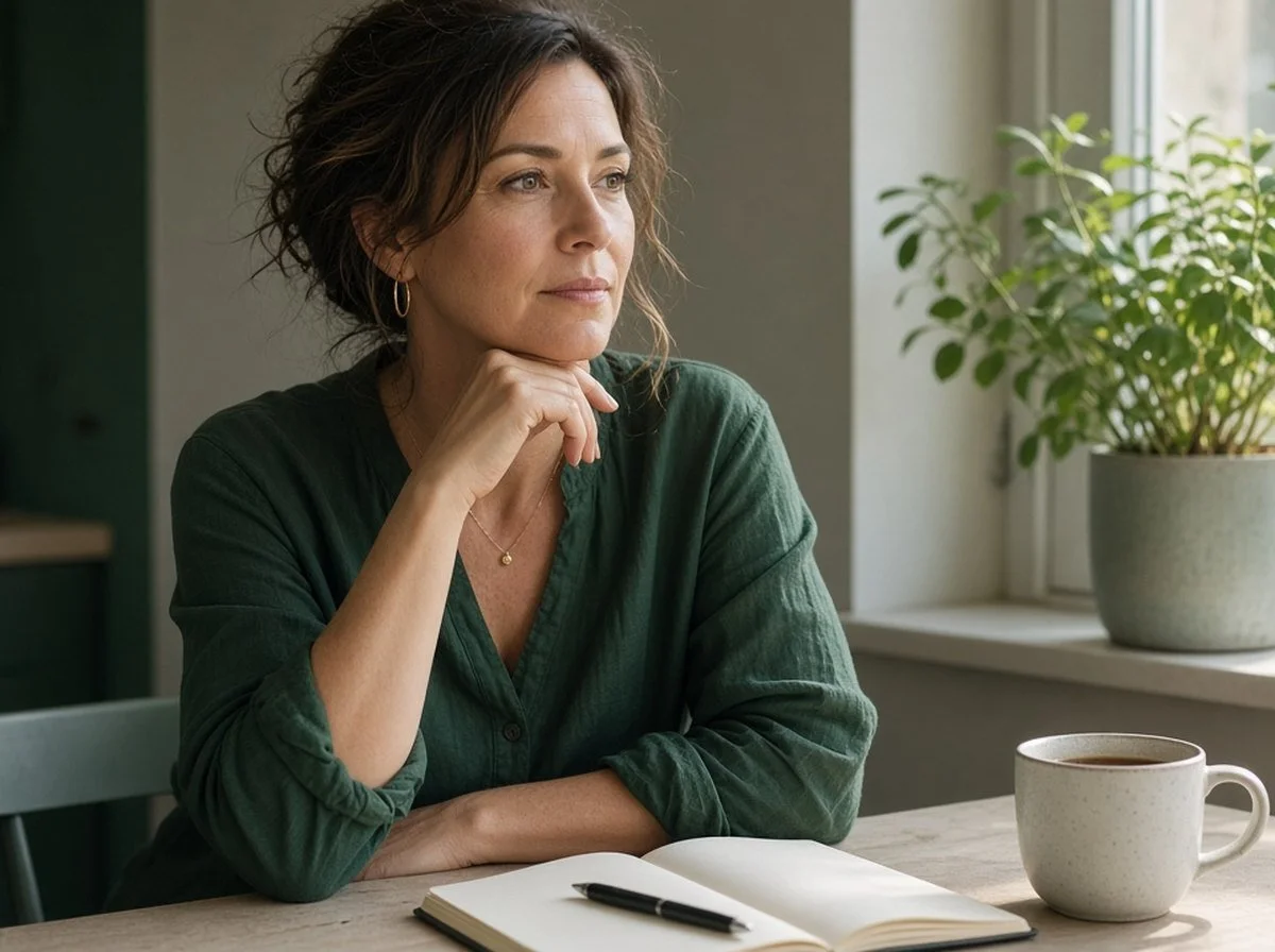 A thoughtful woman at a kitchen table with a notebook and a cup of tea