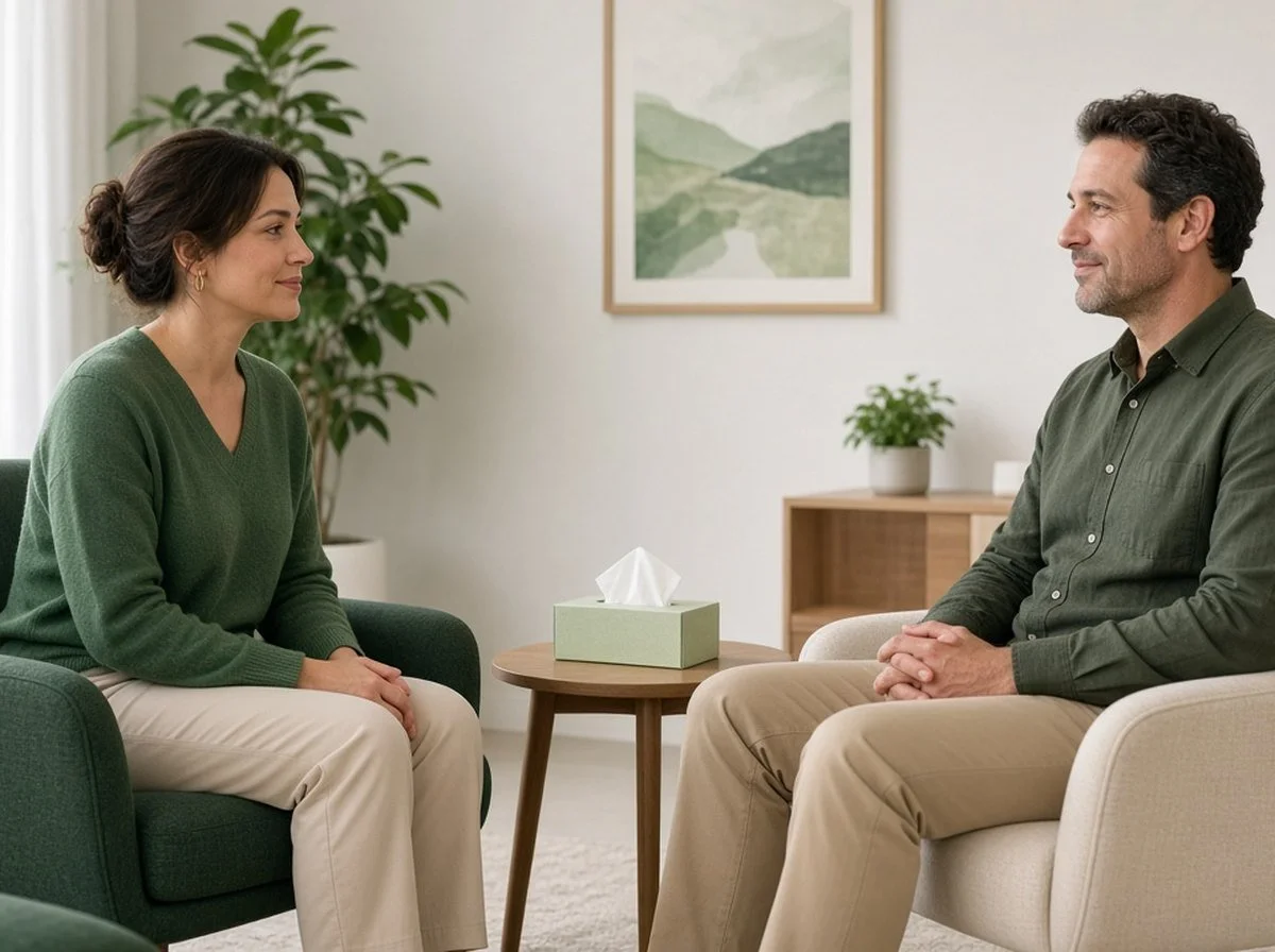 A woman talking with a therapist about ADHD and OCD