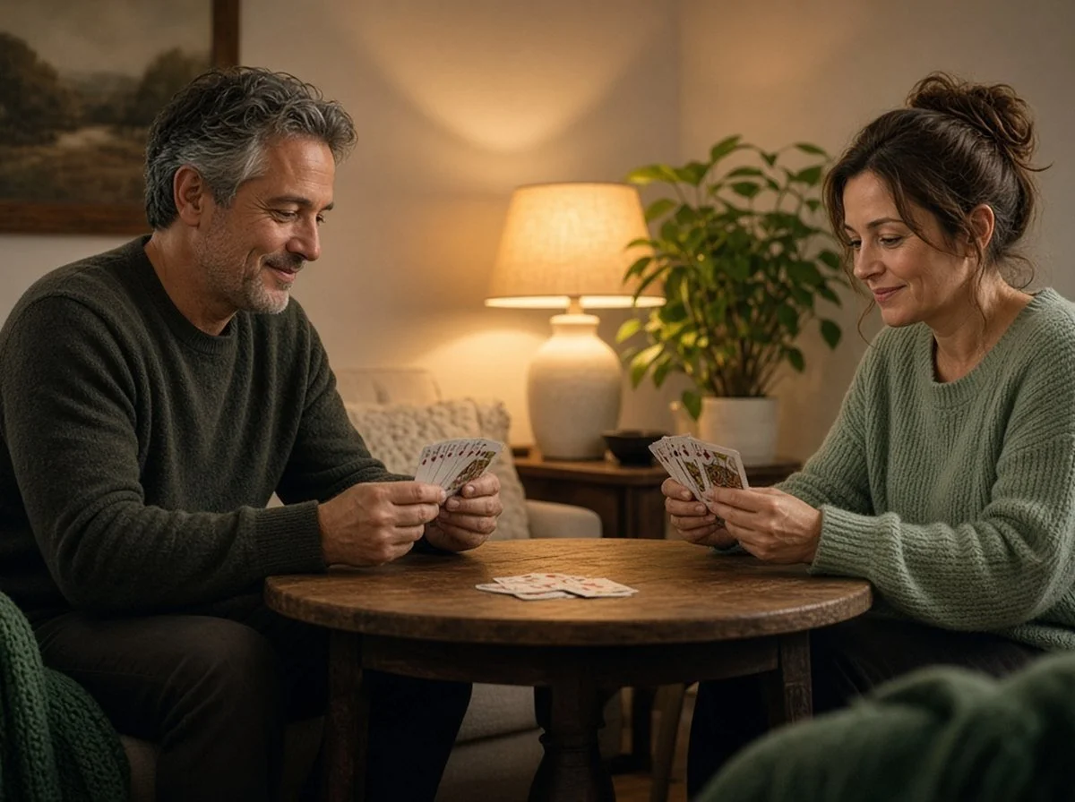 A couple playing cards at a small table in warm evening lamplight