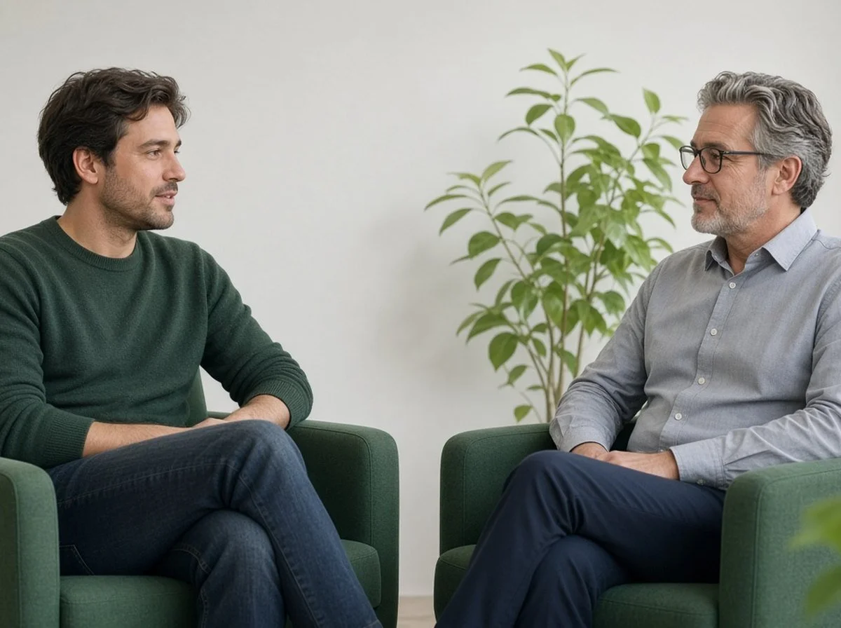 Man in his thirties talking with an older male therapist