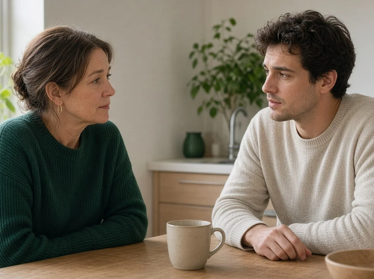 Two adults facing each other at a kitchen table, both faces visible, talking seriously