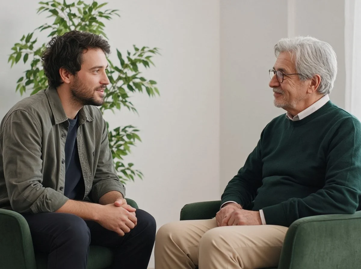 Young man talking with an older male counsellor