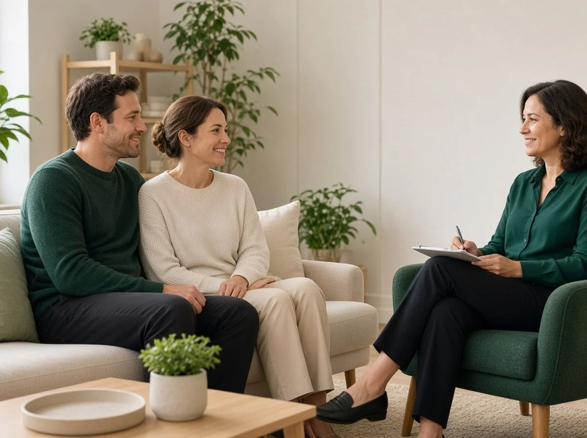 A couple smiling at their therapist during a session in a bright office