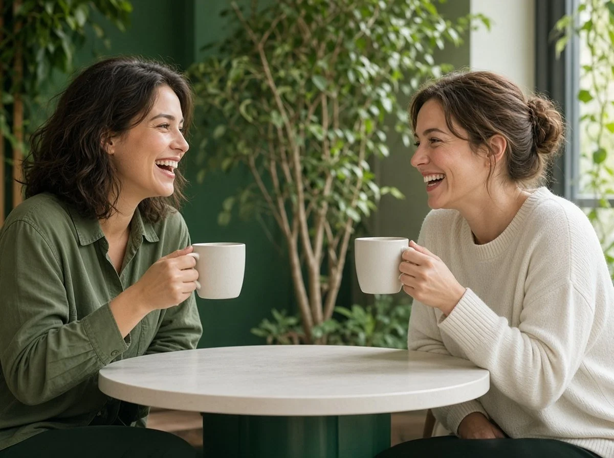 Two friends laughing together at a cafe table