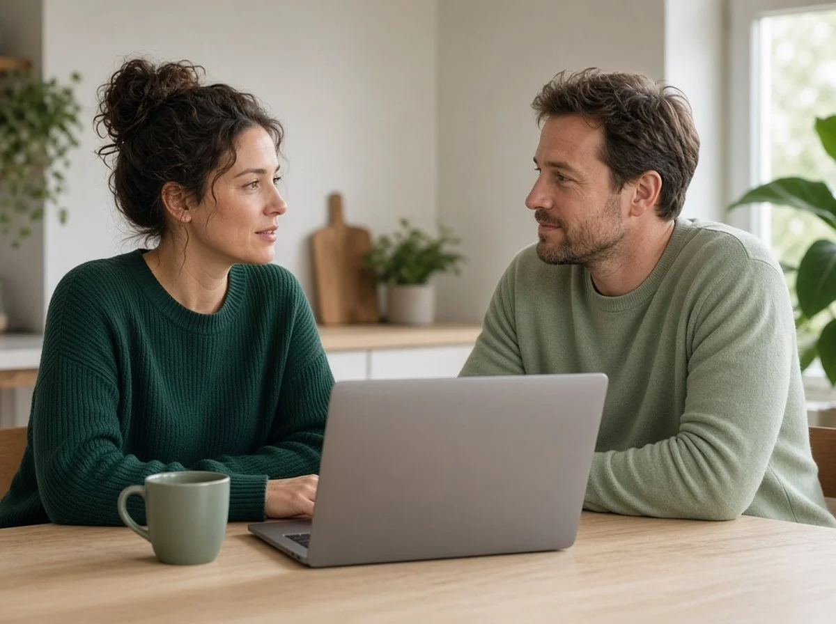 Couple talking at a kitchen table while planning the cost of therapy