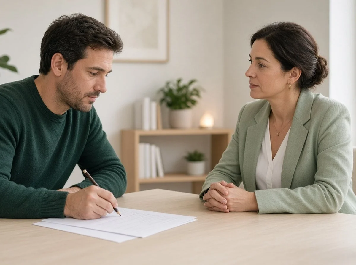 Man filling in a questionnaire with a female psychologist