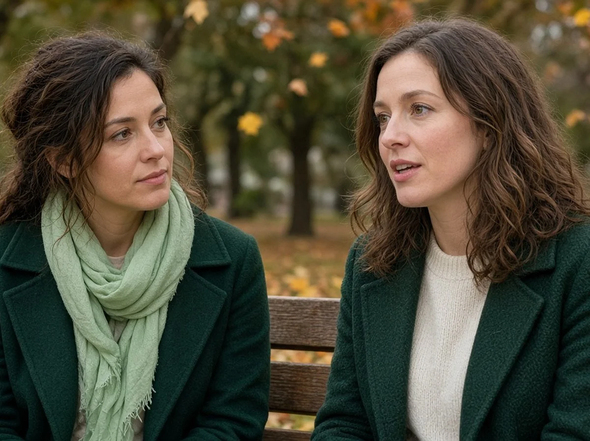 Two friends on an autumn park bench, one listening closely