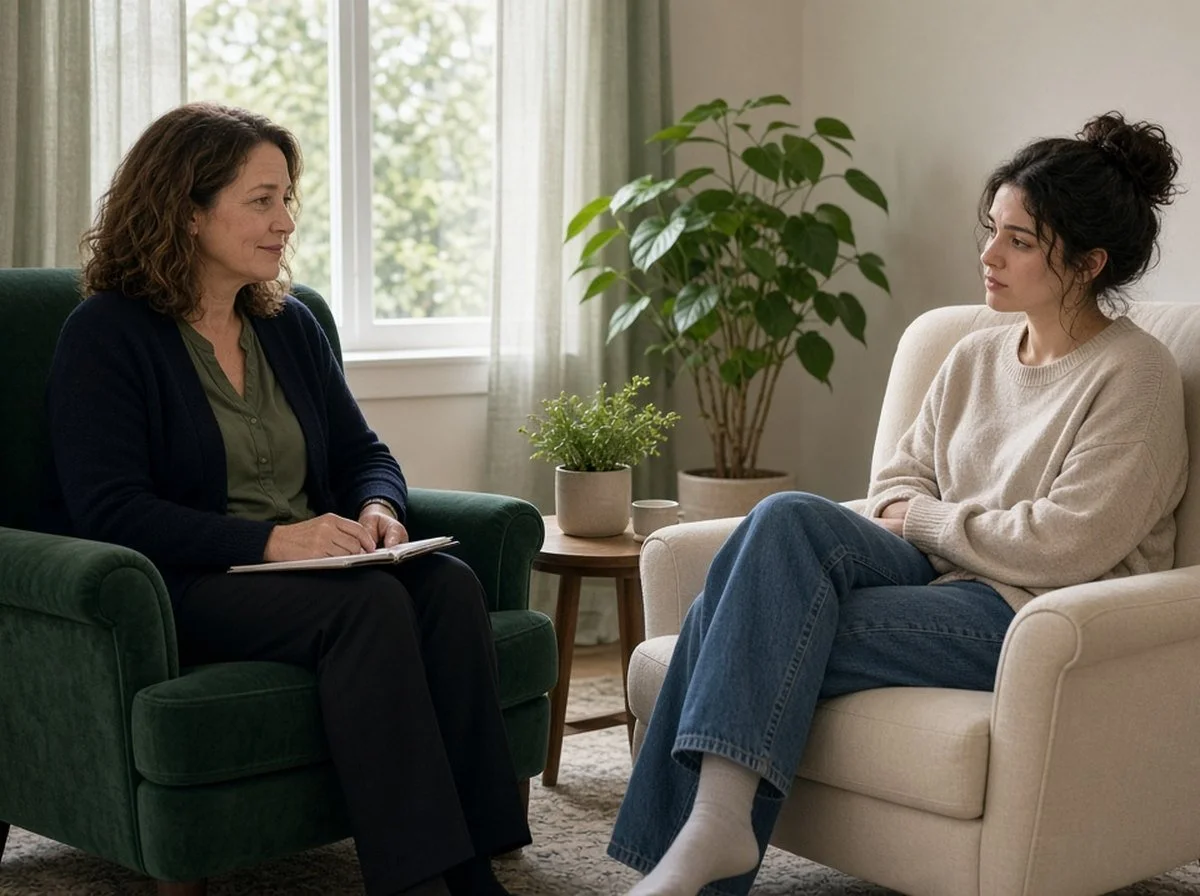 A counsellor and a young adult talking face to face in a calm counselling room