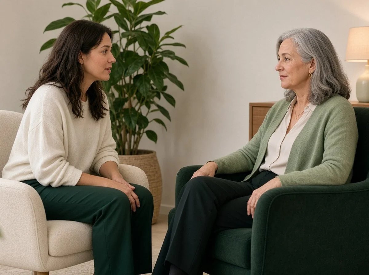 An adult client and a therapist talking calmly in a warm office