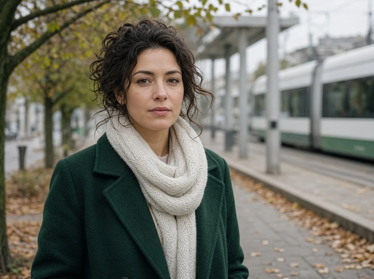 Woman standing near a light rail stop in autumn
