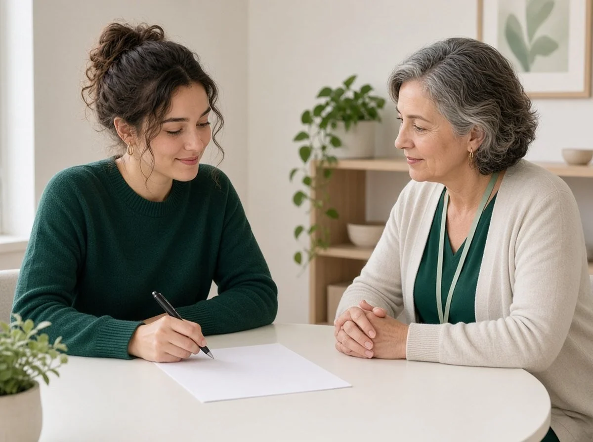 A young adult and therapist working through a skills worksheet together