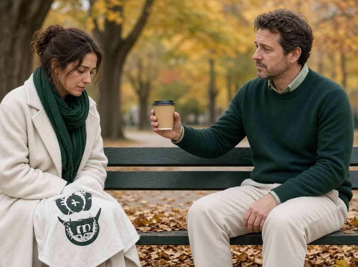 An adult offering a coffee to a quiet friend on a park bench in the fall