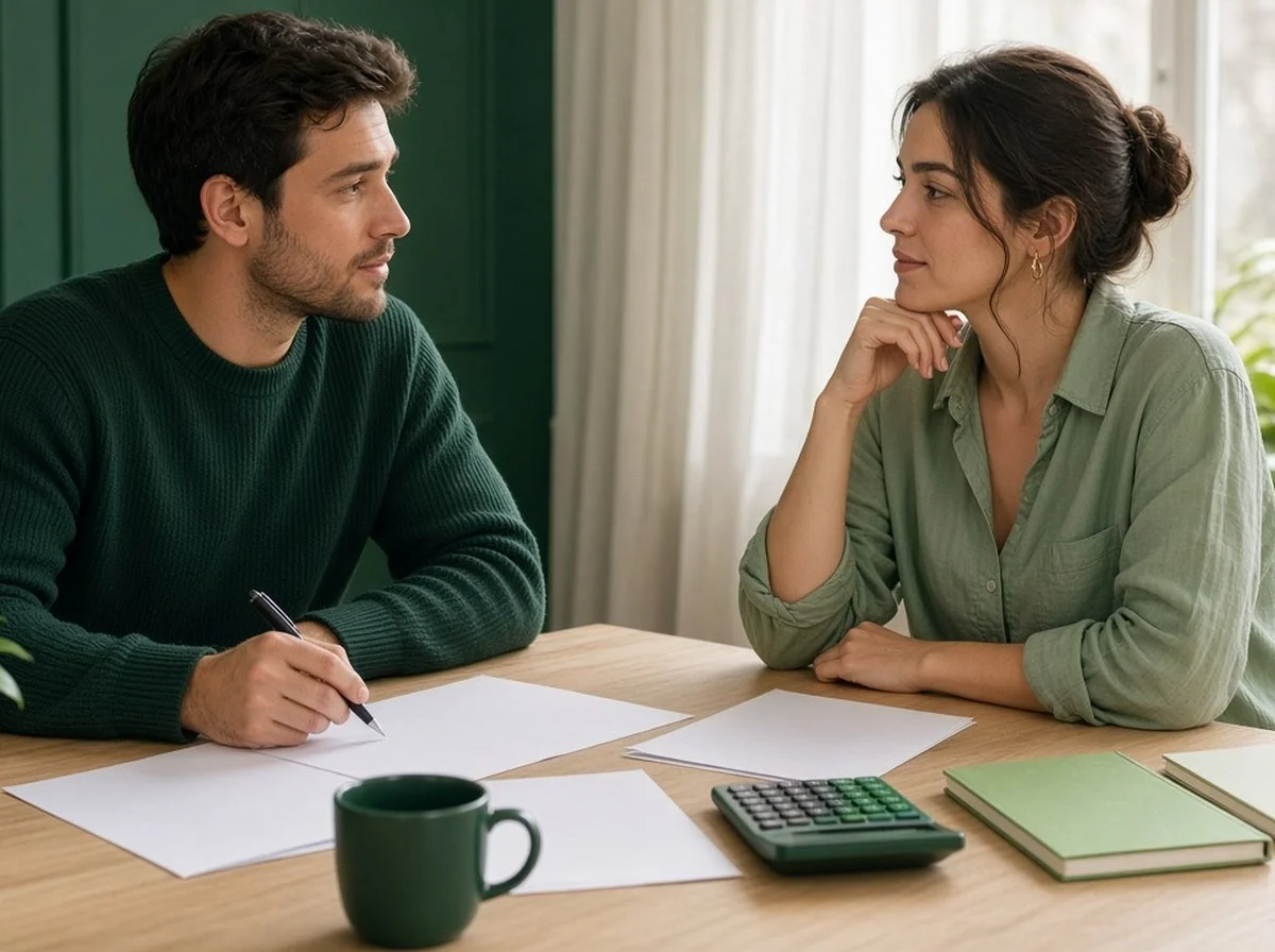 A couple reviewing household paperwork together at a table
