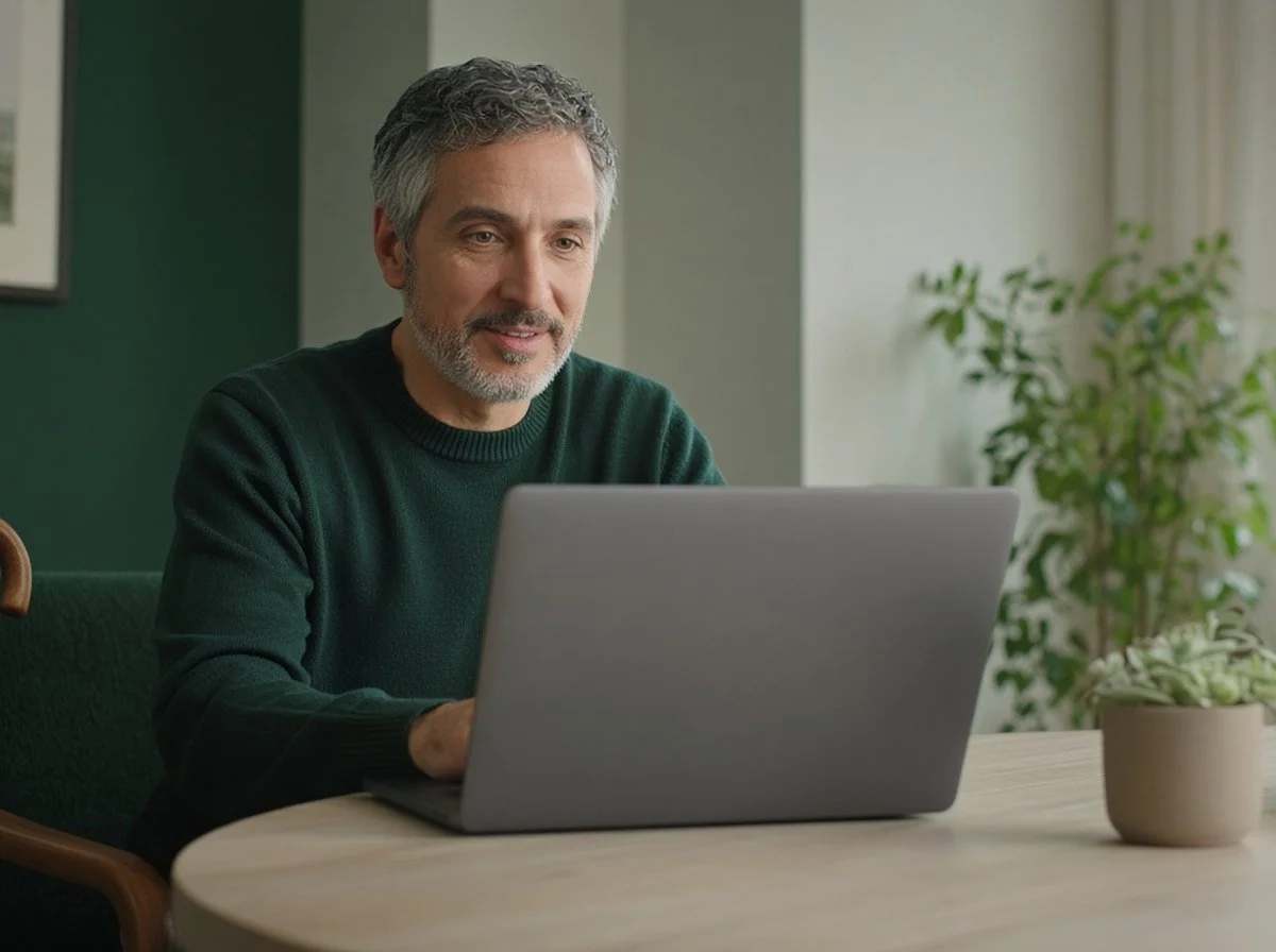 Man with a cane beside his chair in an online session