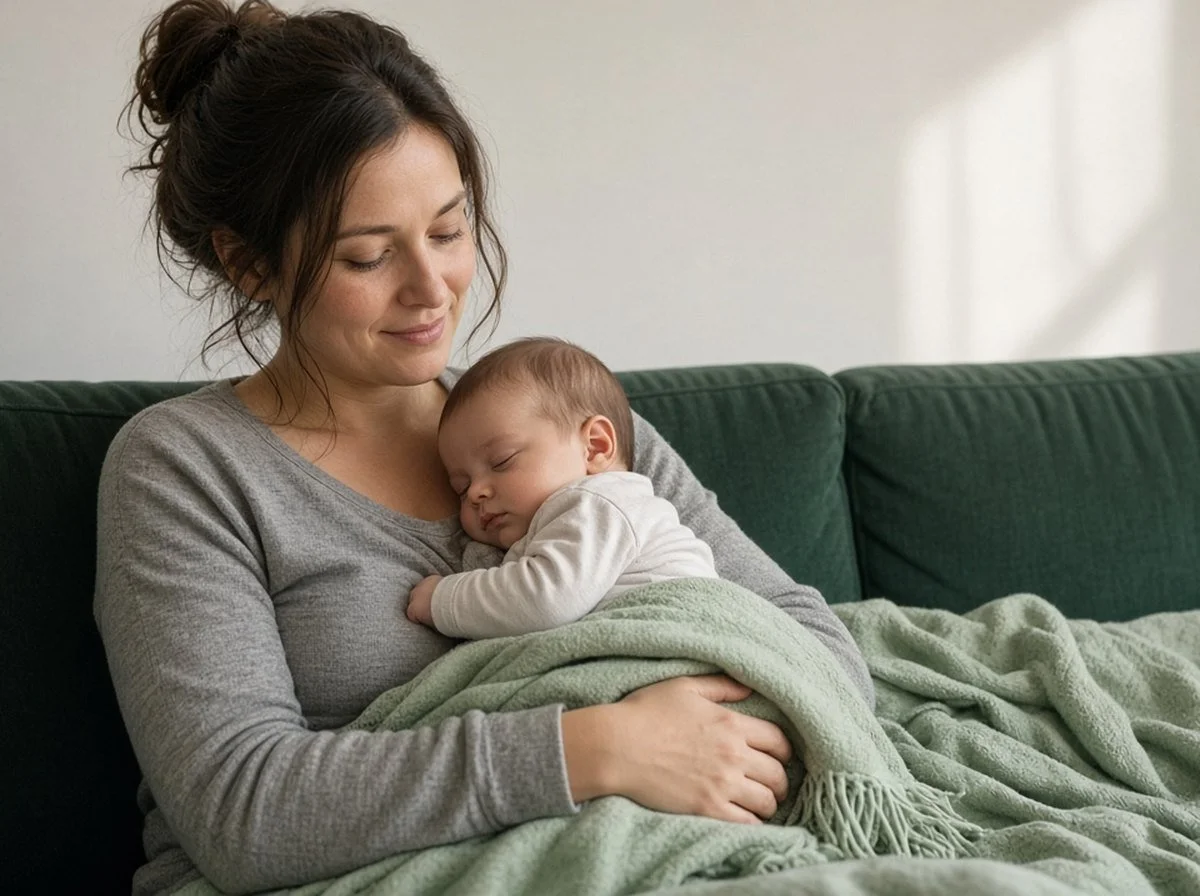 Mother resting on a sofa with her sleeping baby on her chest